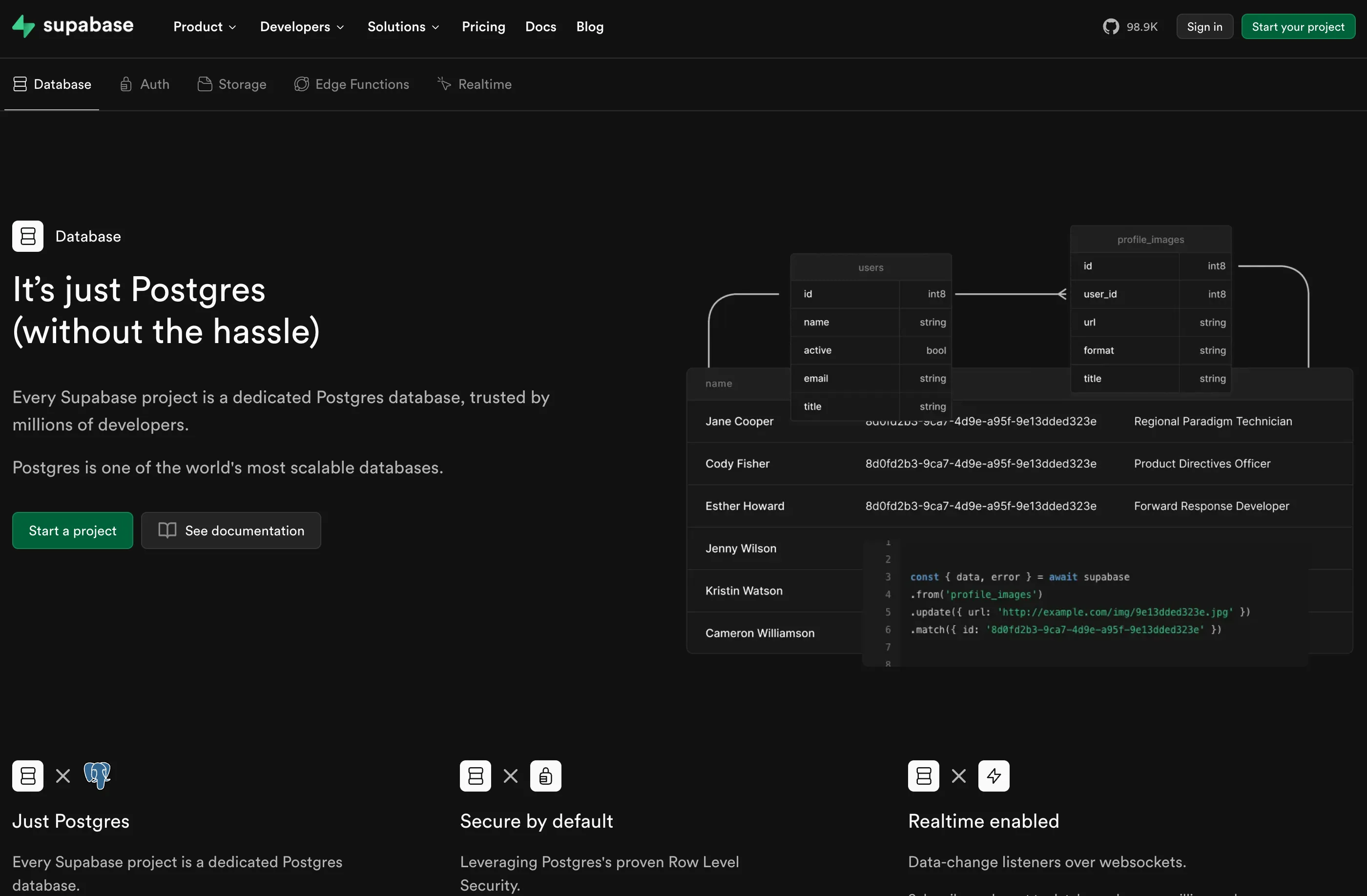 Supabase dashboard showing real-time data subscriptions and database schema